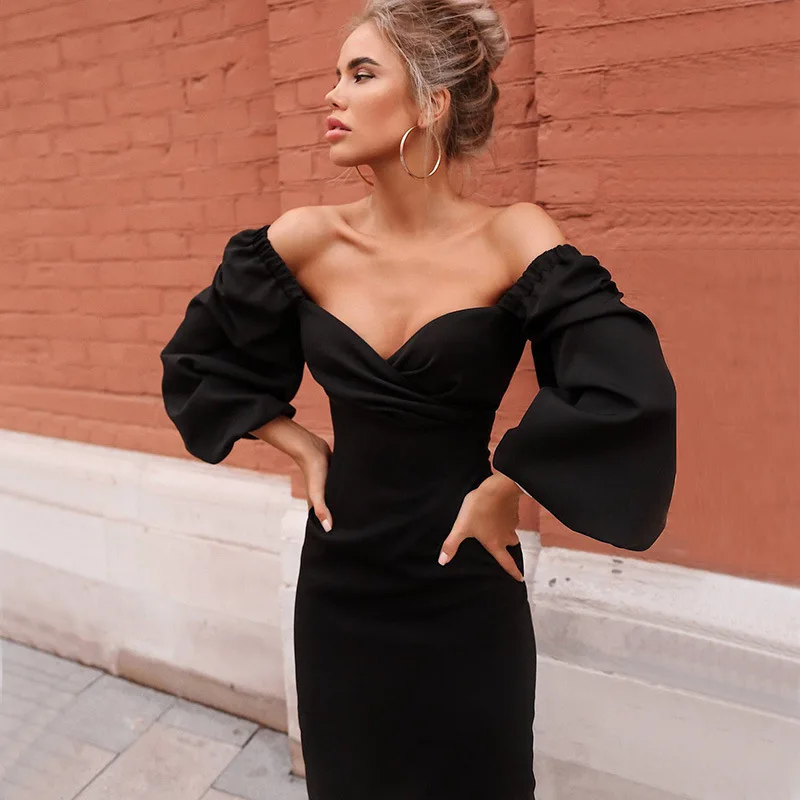 Party clothes deep v neck low cut out long puff sleeve sexy styles back slit slim wine red bodycon midi prom wedding dresses