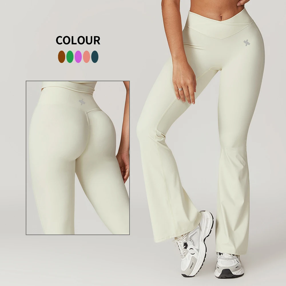 Custom Sample Nylon Flared Women Fitness Leggings Gym Workout Pants Tight V Waisted Butt Lifting Yoga Leggings
