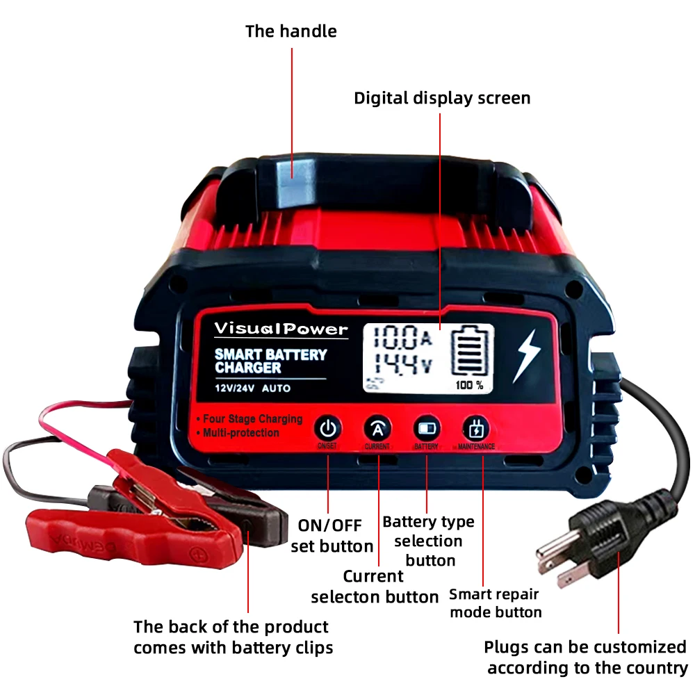 Car Battery Charger 25A/10A/5A 12V 24V Lead Acid Battery Chargers Automobile 12/24 Volt Fully-Automatic