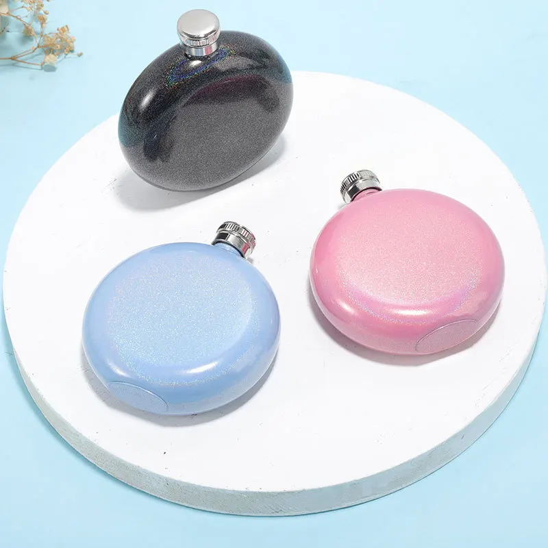5oz Portable Travel Stainless Steel Glitter Coating Liquor Whiskey Pocket Flagon Mini Bottle Hip Women Wine Flask for Drinks Bar