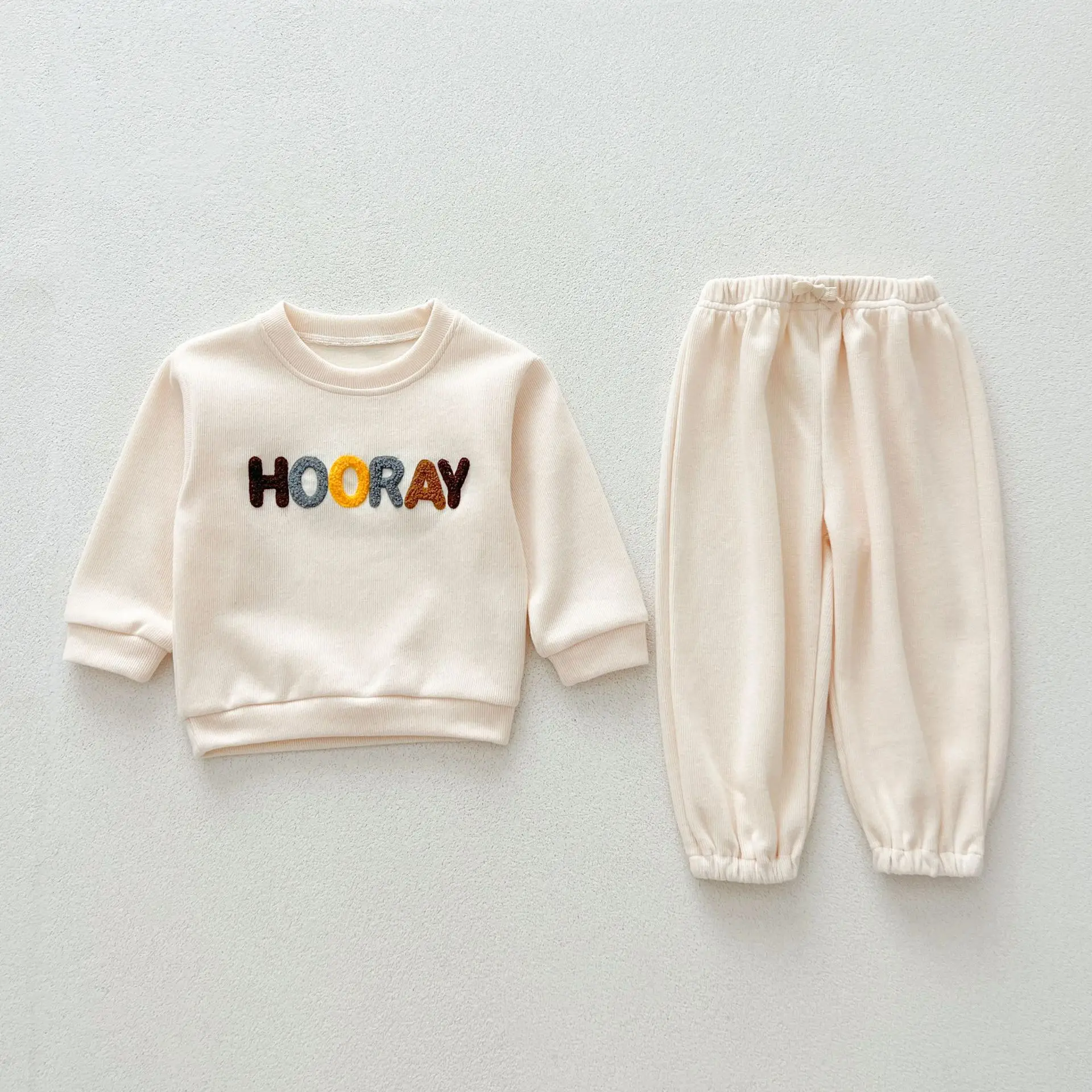 1 Pcs Private Label Letter Waffle Outfit Autumn Winter Newborn Infant Toddler Boys Girls Clothes Top Pants Baby 2 Pieces Set