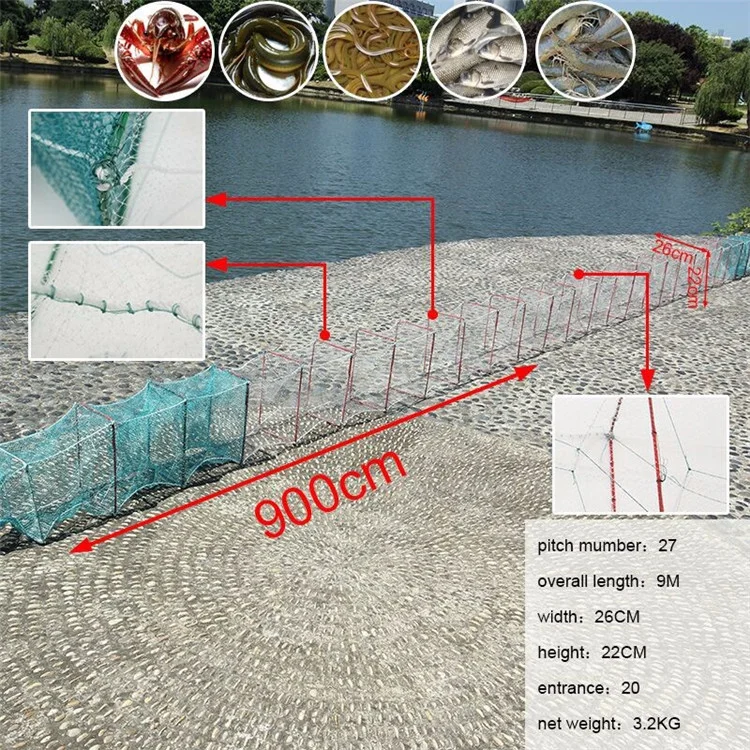 Кастинговая сеть из зеленого полиэтилена, жаберная сеть, длинная рыболовная клетка, ловушка, клетка для всех видов рыб, 21 см * 32 см * 27 оправ (Bubu Naga)