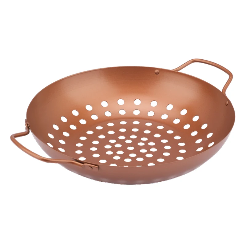Round BBQ Grill Pan Roast  with Handle Vegetable BBQ Grilling Basket Cooking Grill Wok Charcoal Outdoor