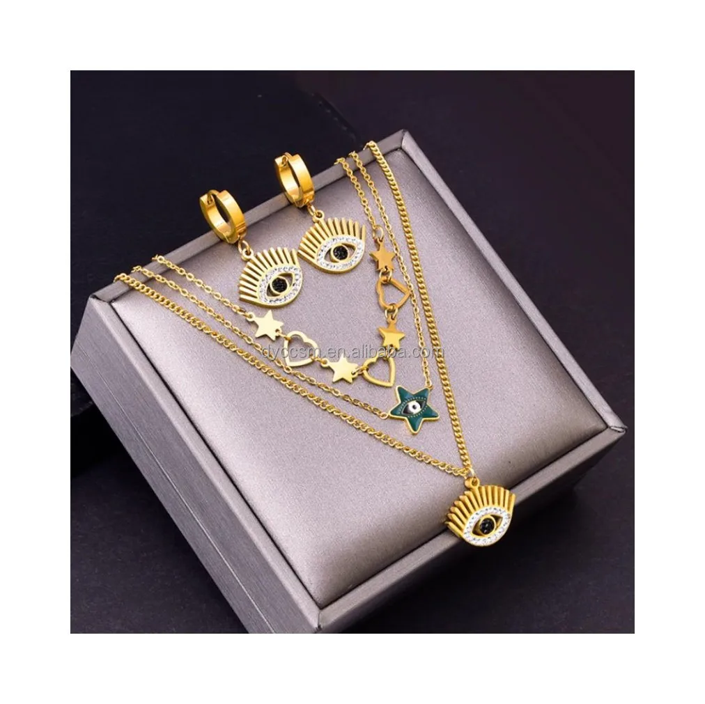 Eye Triple Clavicle Chain Five-pointed Star Pendant Eyelash Eye Titanium Steel Ear Buckle Jewelry Sets Turkey