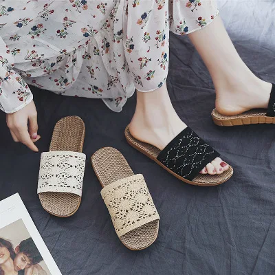 Summer linen slippers men and women lovers floor at home indoor thick anti - slip home slippers