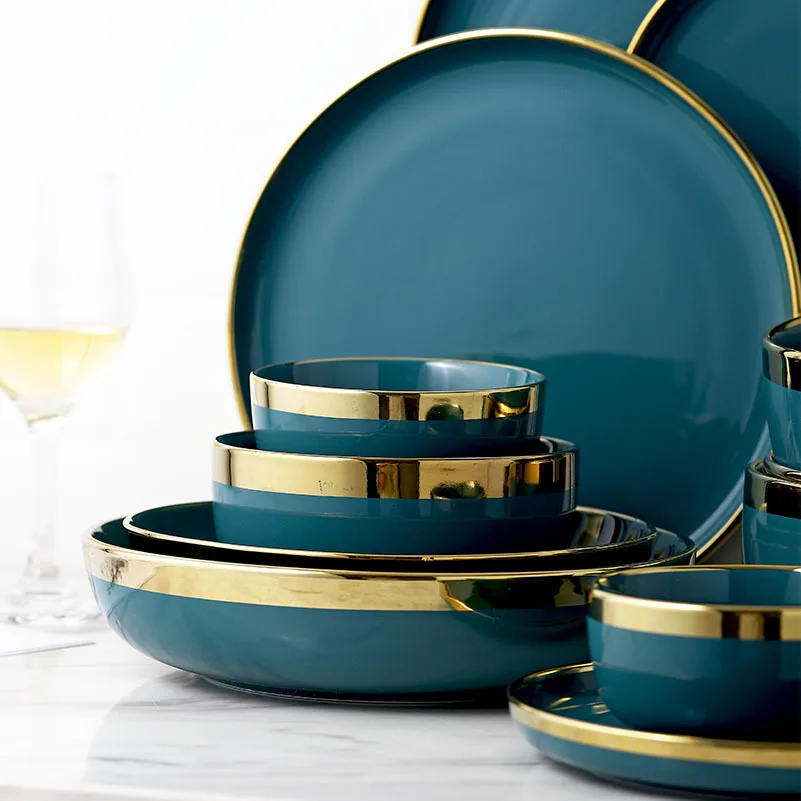 Modern Gold Rim Green Porcelain Tableware Soup Salad Pasta Plate Rice Noodle Bowl Brazil Ceramic Dinnerware Sets