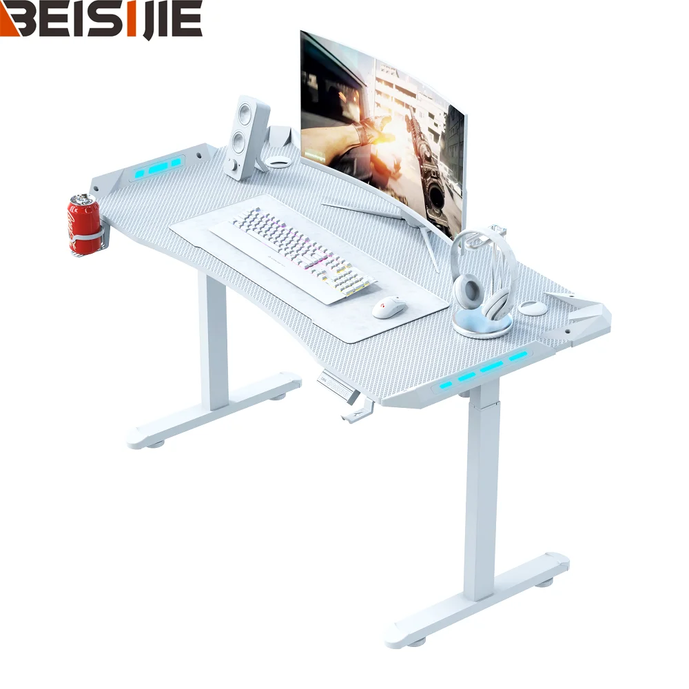 Beisijie White Durable PC Gamer Used RGB Height Adjustable Lift Desk Gaming Table Computer Desk Electric Desk