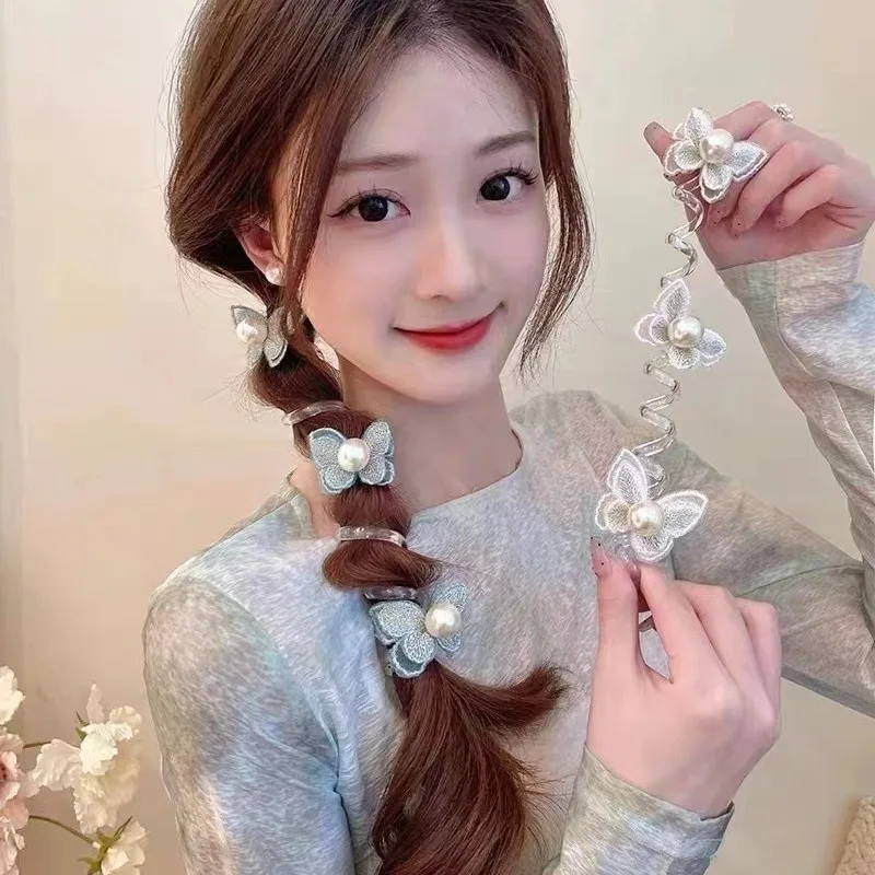 2024 Fashion Braided Telephone Line Elastic Rope Hair Band Scrunchies Accessories Butterfly Telephone Wire Hair Ties for Women