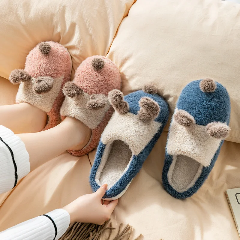 baiyi Cartoon cotton slippers plus velvet warm indoor shoes non-slip parent-child cotton slippers