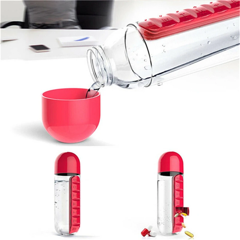 7 Daily Pill Box Water Bottle Cup Case Capsule Organizer Plastic Pill Bottle Screen Printing Red Pink Yellow Easy Open End YH