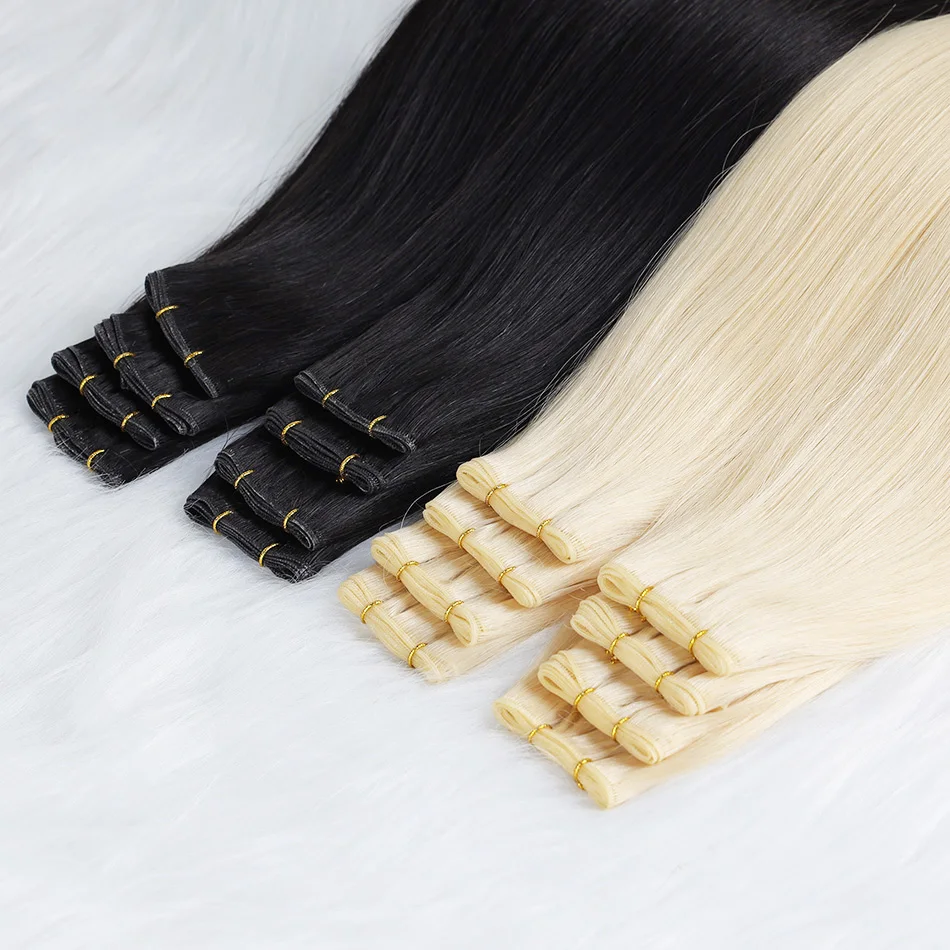 Luxury Salon Quality Russian Hair Hand Tied Weft Double Drawn Machine Made Genius Weft Hair Extensions