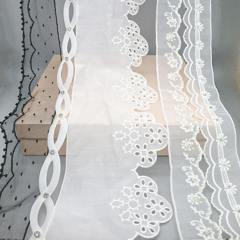 Luxury french shiny sequin african embroidered tulle white wedding dresses lace trim with beads