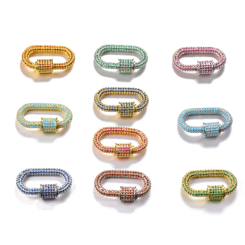 High Quality Multi Color CZ Micro Pave Oval Shaped Clasp Carabiner Gold Plated Oval Pendant for Necklace Jewelry Making