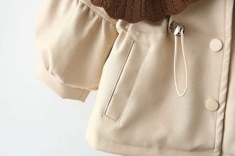 Autumn and Winter PU Leather Baby Girl windbreaker Cotton-padded Baby Thick Coat Lace Collar Windproof Coats Outwear