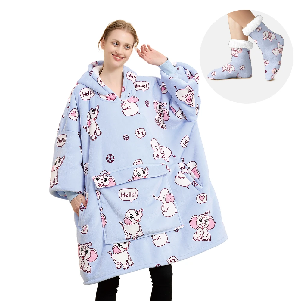 2pcs Winter Oversized Hoodie Blanket With Sleeves Fleece Hooded Sweatshirt Plaid Hoody  Pocket With Socks