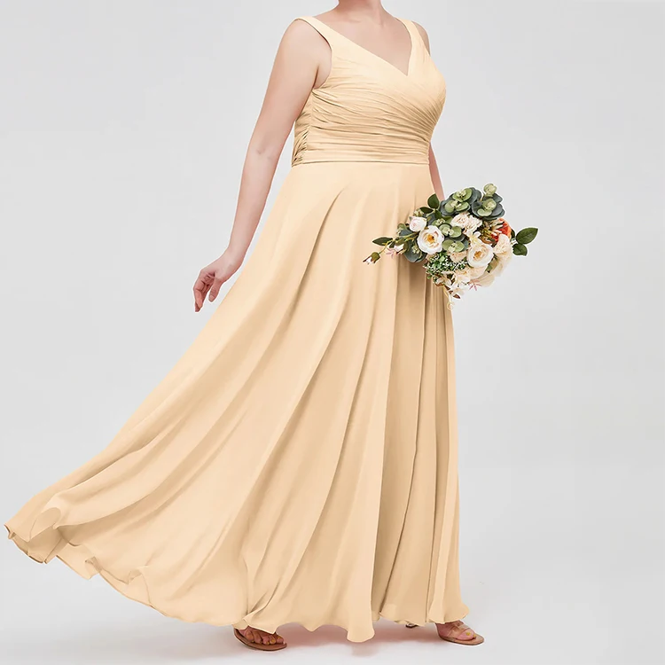 Simple V Neck A-line Floor-length Pleated Long Sleeveless Gown Chiffon Plus Size Bridesmaids Dress With Bow