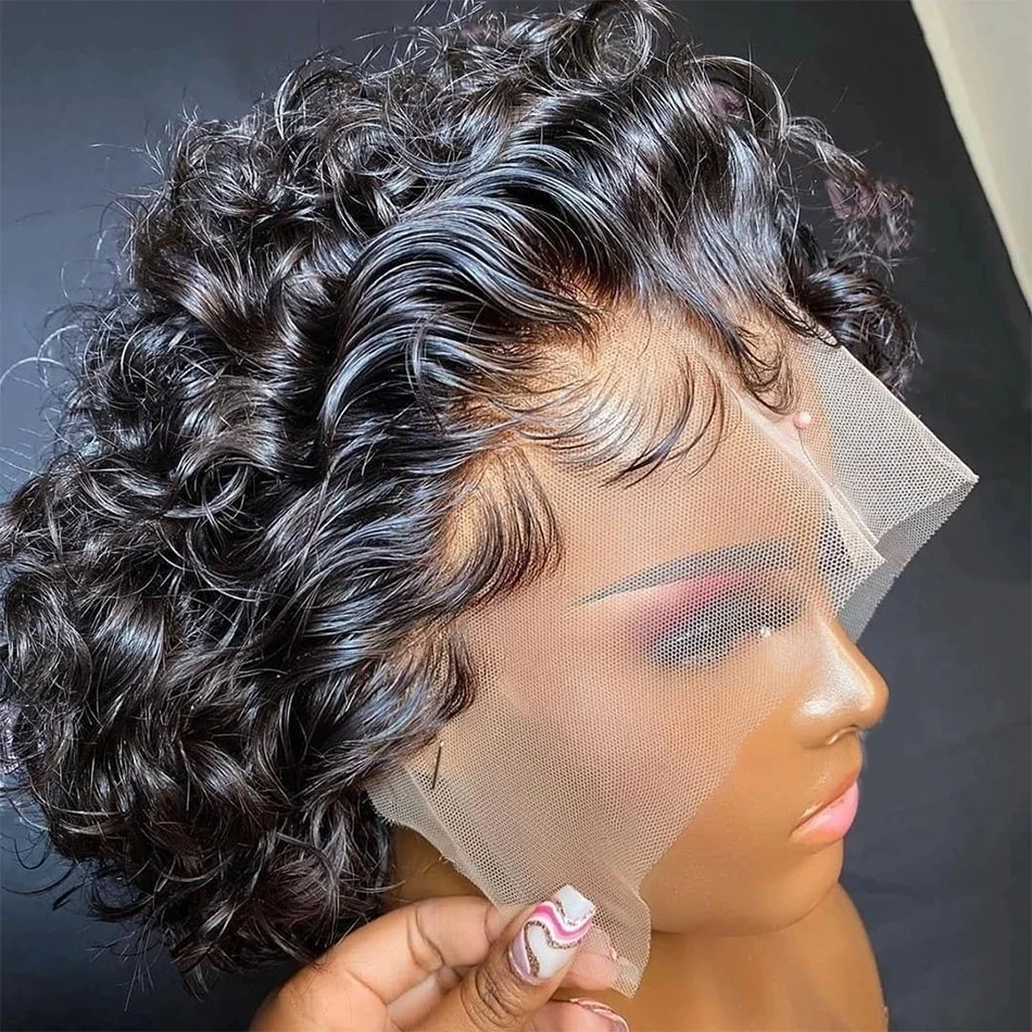 Pixie Cut Wig Prepluck Short Bob Curly Human Hair Wigs Cheap 13X1 Transparent Lace Frontal Water Deep Wave Lace Front Wig