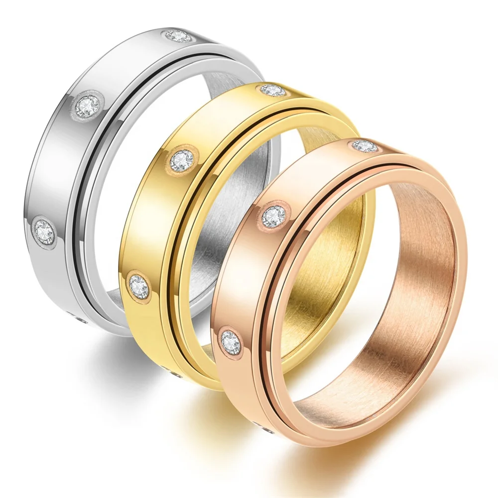Less Than 1 USD No Fade Jewelry 6MM Wide Rotating Reduced Pressure Couple Ring Fashion Stainless Steel Women Diamond Ring Gift