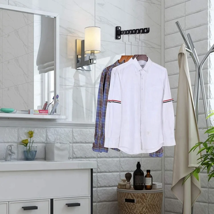 Space Saving Rotatable Wall Mounted Stainless Steel Black Clothes Storage Rack Closet Organizer Clothes Hanging Rack