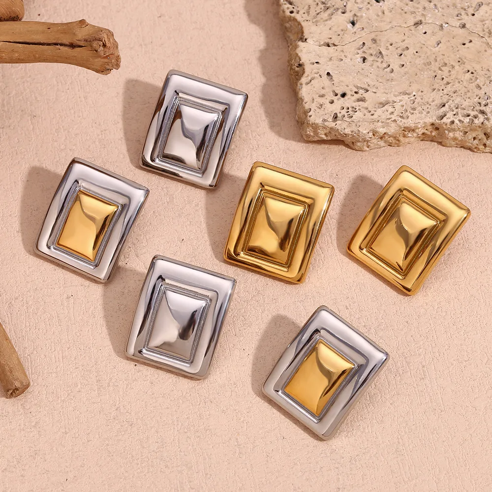 Bold Jewelry Stainless Steel Square Large Earring Fine Jewelry 18K Gold Plated Silver Big Statement Square Earrings For Women