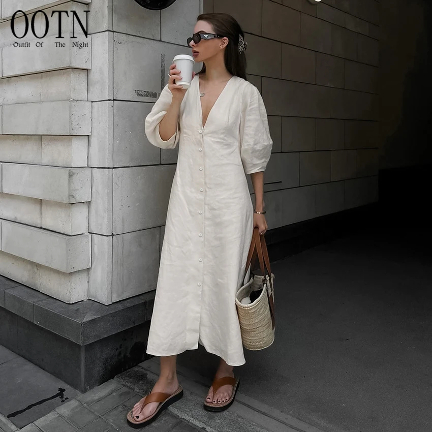 OOTN Ladies V-Neck Cotton Dresses Soft Summer 2023 Puff Sleeve Long Backless Button Dress Elegant Beige Women Linen Dress