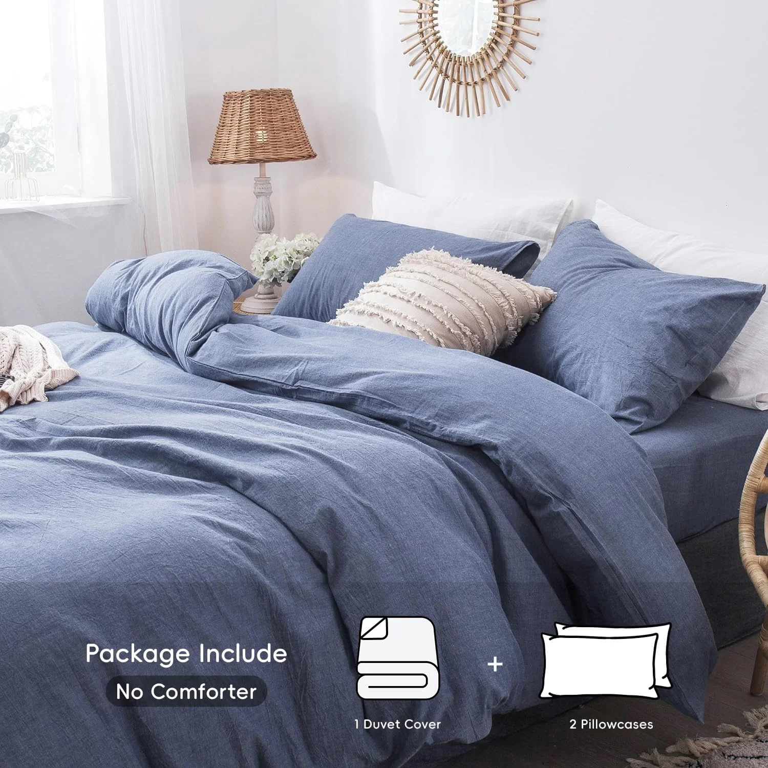 100% Washed Cotton Linen Like Textured Breathable Durable Soft Comfortable Bedding Duvet Cover Set For All Season