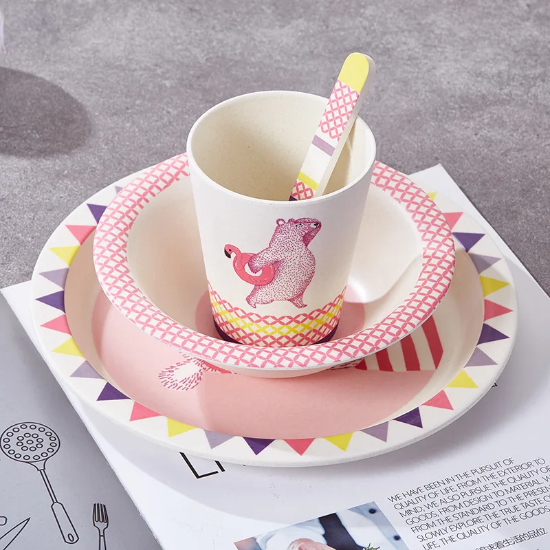 Recycled Plastic rPET Kids Dinnerware Set Includes Plate, Bowl, Tumbler and Utensil Tableware 5 Piece Set, Non-BPA