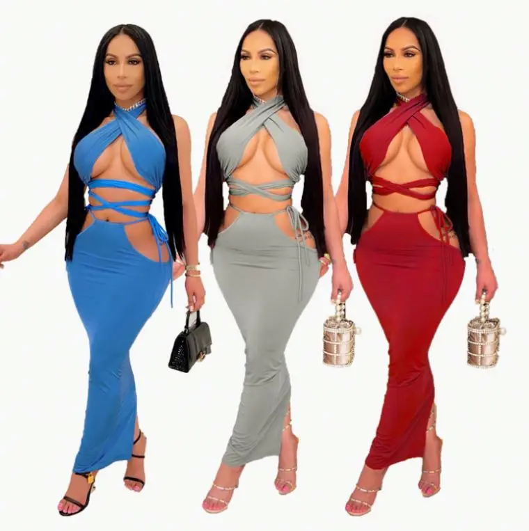 
XS-L New designs Ideas 2021 Bandage Dresses Women Clothing Sexy Cut Out Solid Color Maxi Dress 