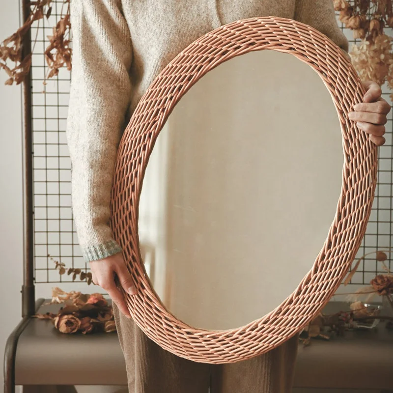 2023 SWT Modern Oval Rattan Bamboo Decorative Wall Mounted Makeup Mirror Custom Logo Metal Frame for Dining Home Decor Gifts