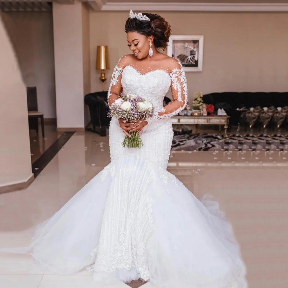 Thailand Long Sleeve Plus Size Romantic Sexy Mermaid Wedding Dresses for