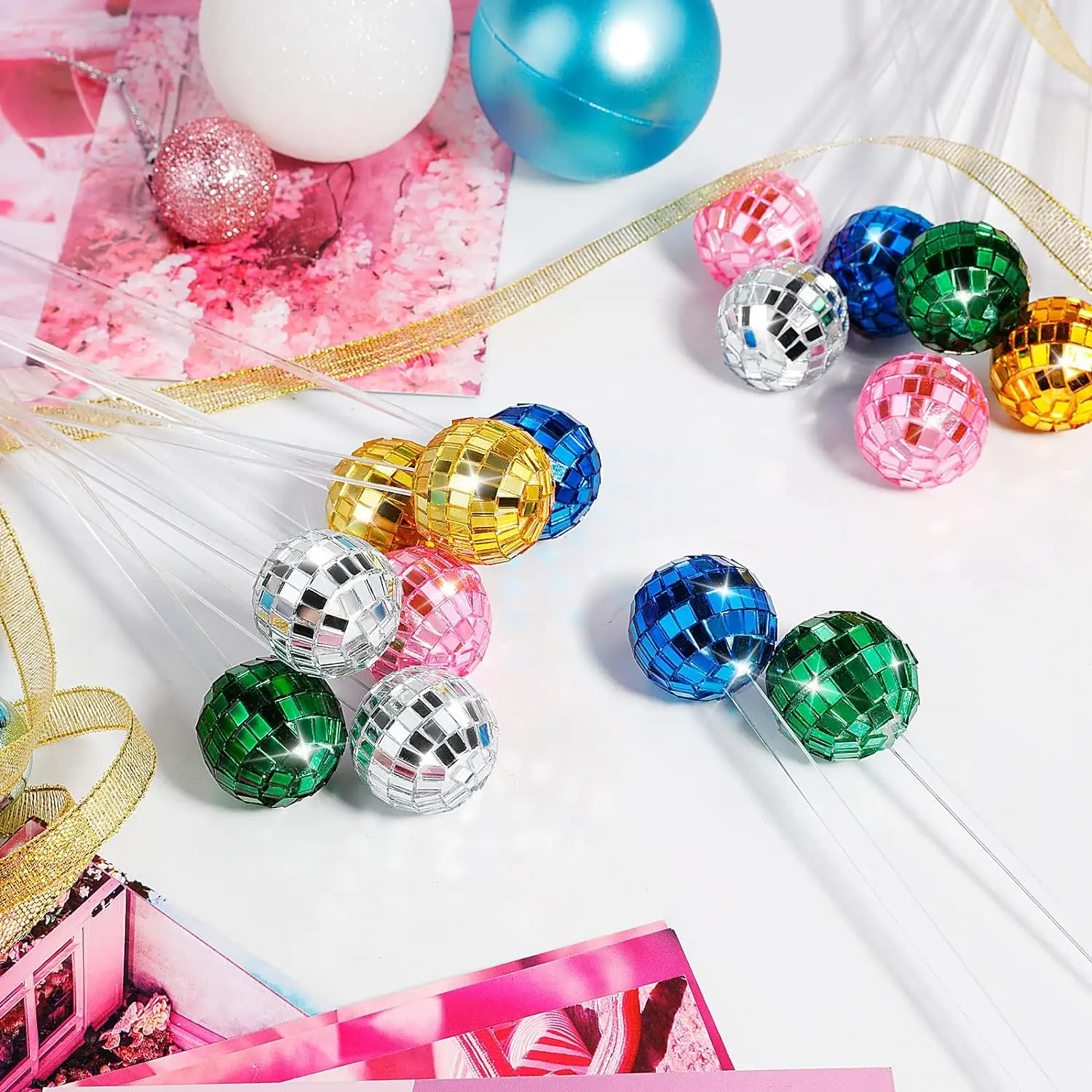 Party Home Bar Shop Plastic Round Top Swizzle Sticks Multicolored Mirror Disco Ball Coffee Beverage Drink Mixing Cocktail Stirre