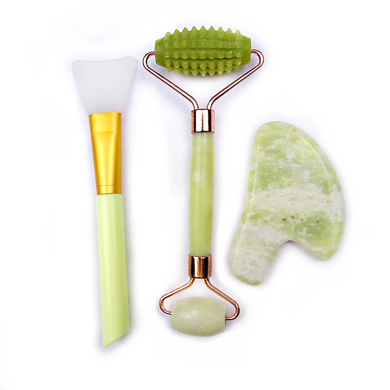 Amazon best seller 3 Pack Skincare silicone mask brush Green quartz jade face roller massage gua sha set