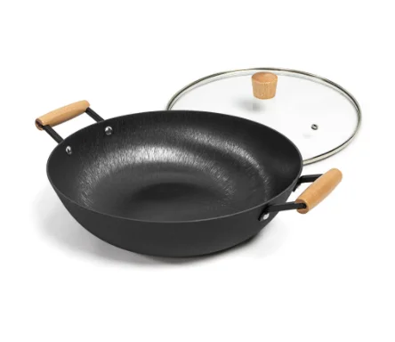 Black Cast Iron Chinese Cook Wok Big Cast Iron Wok Pan Non Stick With Wooden Handle