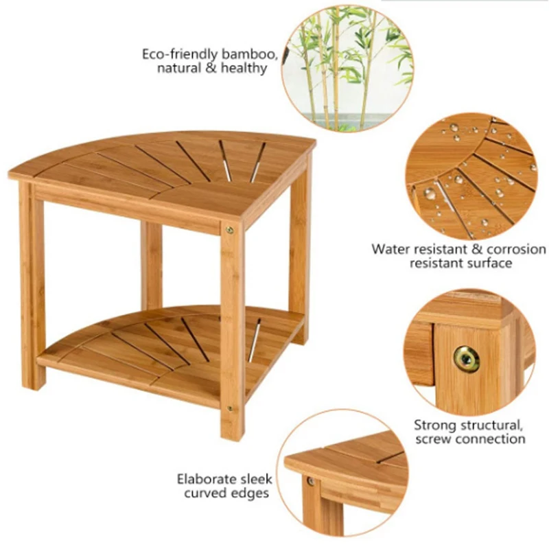 2-Tier Wood Storage & Seat Solid Bamboo Bench Corner Shower Bath Spa Stool