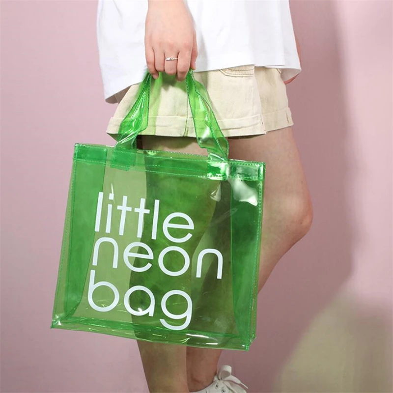 Fashion neon jelly color big waterproof clear transparent PVC purse beach tote bags for women handbags