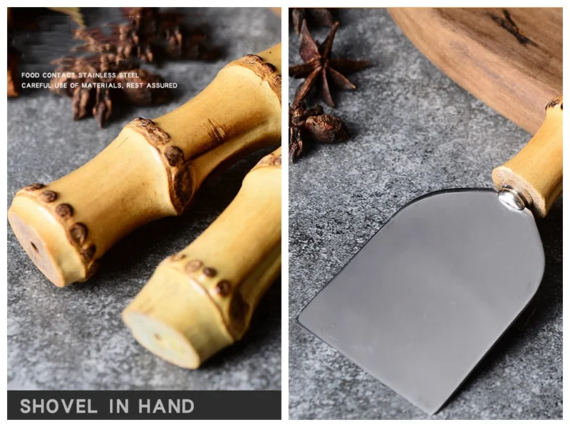 New Design Cheese Tools Cutter Mini Butter Spreader Forks Bamboo Root Handle Stainless Steel Cheese Knife Fork Spatula