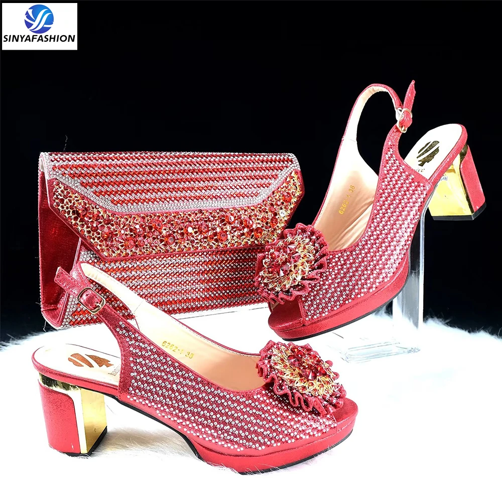 Sinya High Quality Material Shinning Design Green Red Color Design Shoes And Bags Set Rhinestone For African Women Party