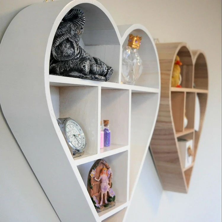 Display heart shape grid storage wall shelves wooden Rustic Brown Display Storage Wall Mounted Bookshelf Wooden Floating Shelves