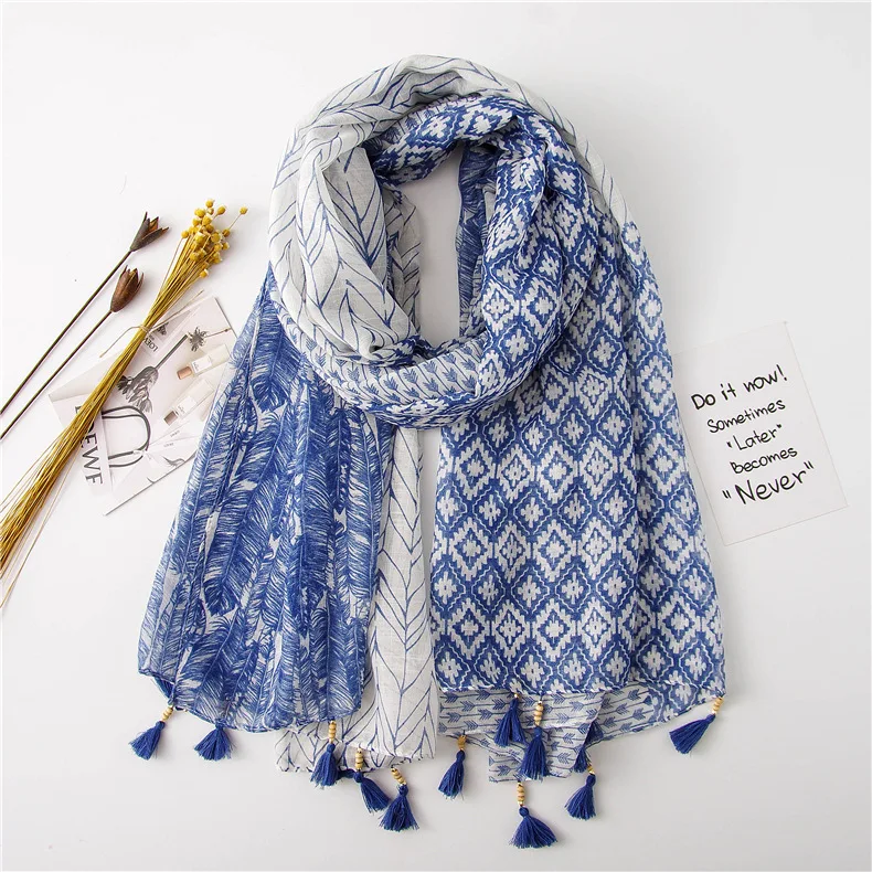 Elegant Autumn Winter Japanese Style Scarf New Feather Printing Wooden Beads Tassel Ethnic Voile Shawl