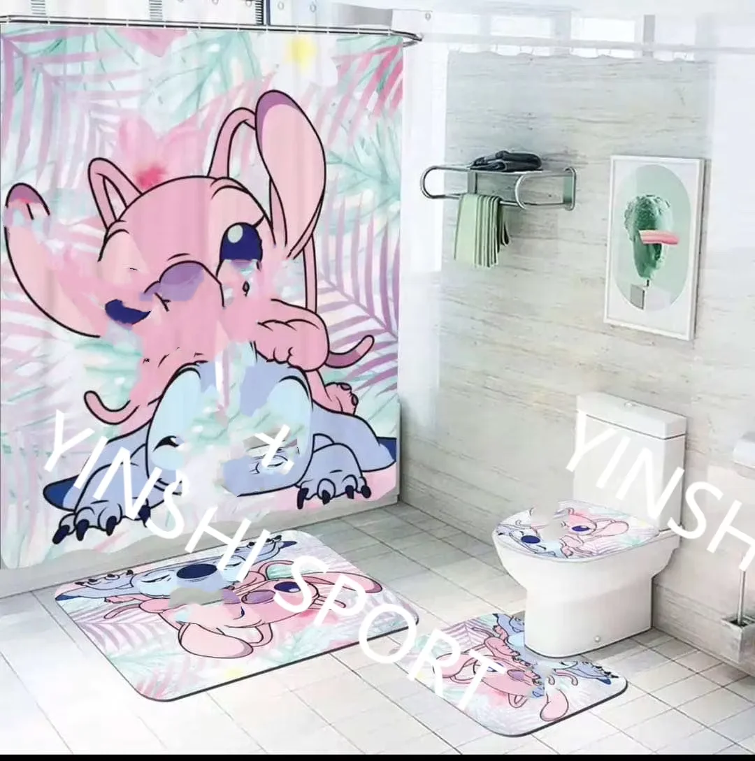 2024 wholesale newest Cartoon cute stitches high quality custom Bath Sets Shower 4 Pcs Bathroom Shower Curtain and Rugs Set