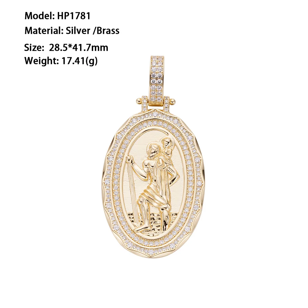 High Quality Religion Vintage Christopher Gold Plated Icy Baguette Zircon Medallion Oval Bezel 925 Silver Christopher Pendant