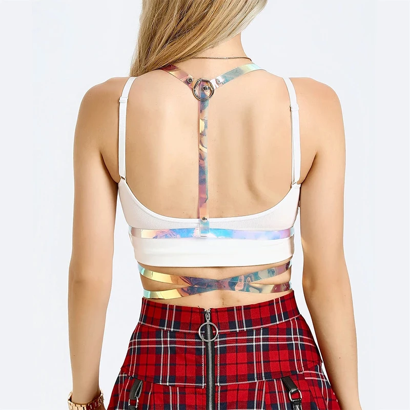 Women PVC Harness Punk Gothic Sexy Body Caged Bra Top Laser Clothing Women Body Waist Harness Belt