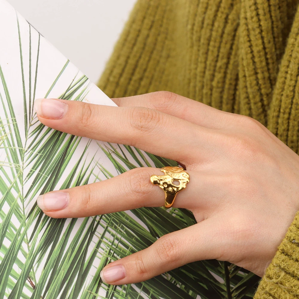 Chris April Wide Waterproof Hammered Bumpy Open Ring Vacuum Plated Lava Textured Stainless Steel Concave Convex Surface Ring