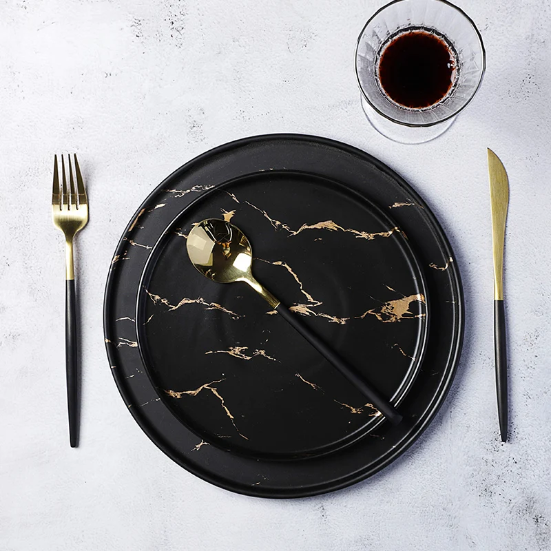 
Made In China Cafe Black Gold Marble Dinner Plate Ceramic Black Dishes Luxury, Black Dinner Dish Marble& 