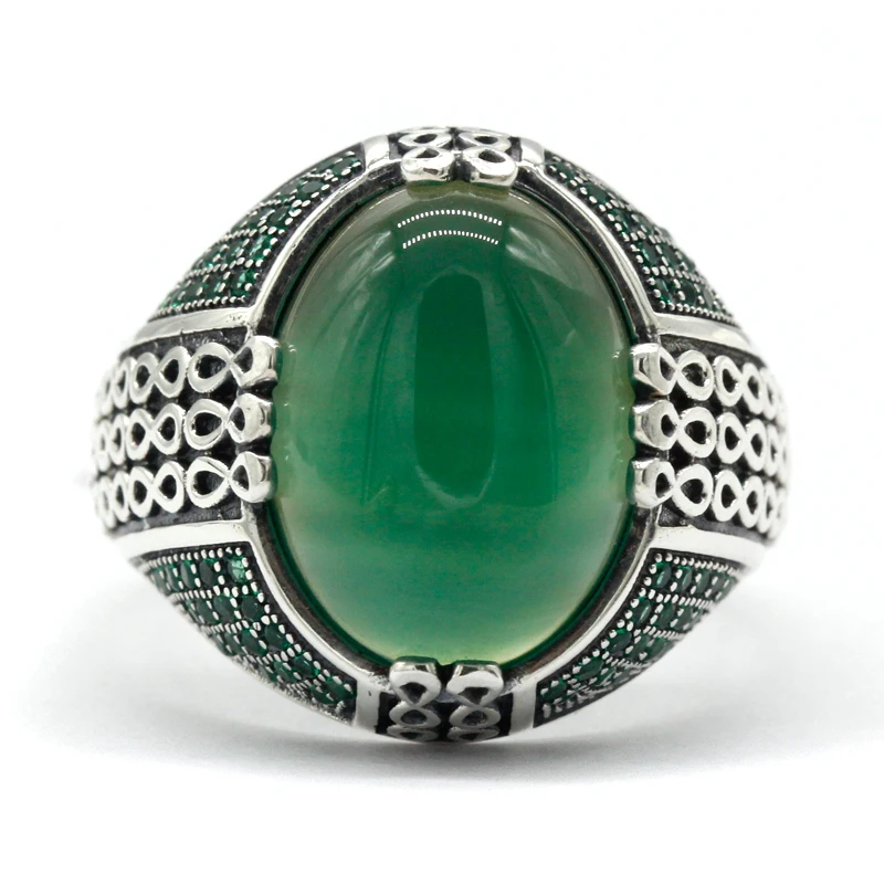Online Wholesale Jewelry 925 Sterling Silver Green Agate Mens Rings