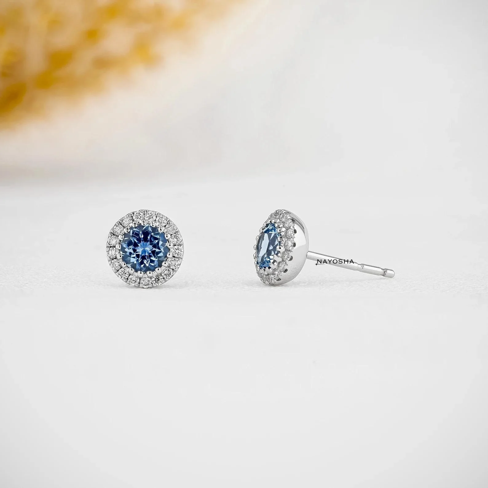 Small Diamond Earrings, Bordered Round Tanzanite Sapphire Emerald Ruby Aquamarine Studs, 10k Solid Gold