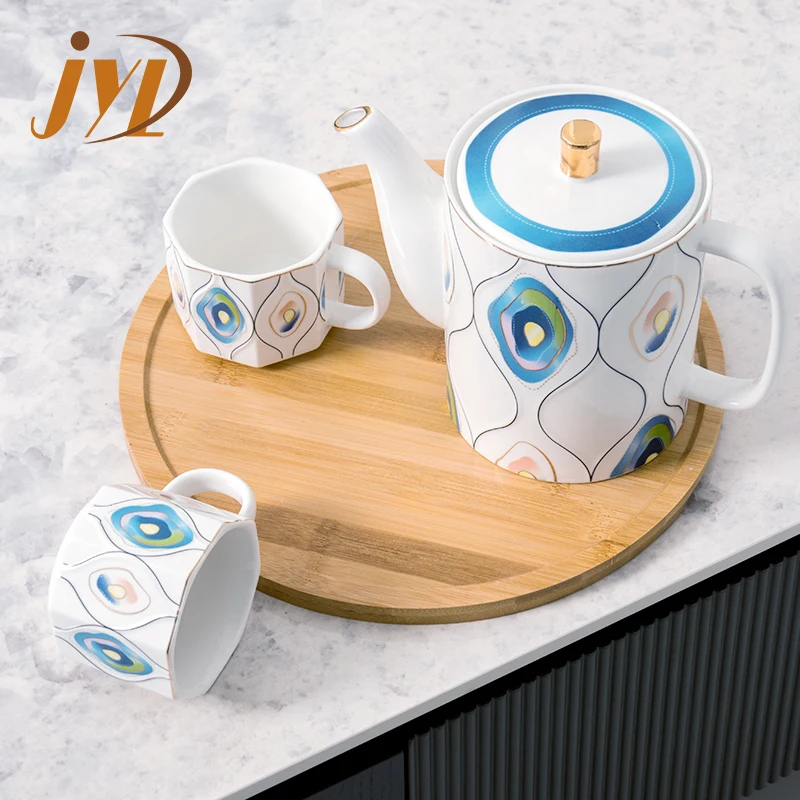 Middle Eastern Best Sell 1 Pot 4 Cups Porcelain Avocado Pattern Coffee & Tea Sets With Wooden Tray