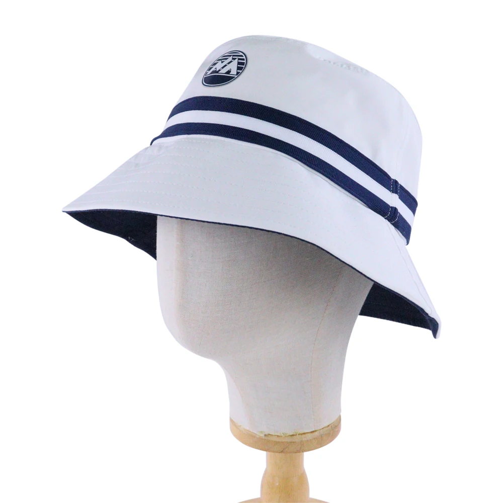 New Arrival Unisex Custom HD Printing Logo and Striped Strap White Navy Bucket Hats with Printed Seam Tape and Sweatband Label