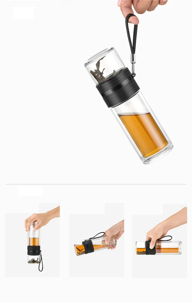Custom Private Label Tea Infuser Outdoor Travel Portable Anti-Broken Water Bottle Double Wall Glass Water Bottle With Filter