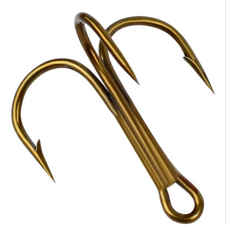 WeiHe 100pcs 2#/4#/6#/8#/10#/12#/14# 35647 Golden Treble Hooks High Carbon Steel Round Bent Treble Triple Artificial Lure Jig